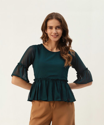 U&F Casual Solid Women Green Top