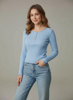 ELIstyles Casual Self Design Women Light Blue Top