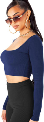 THE BLAZZE Casual Solid Women Dark Blue Top