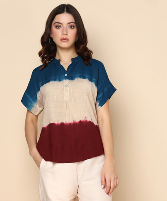 maaesa Casual Tie & Dye Women Dark Blue, Maroon, Beige Top