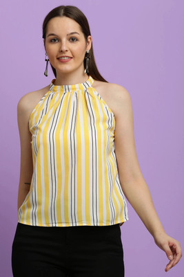 CLOTHINK India Casual Striped Women Yellow Top