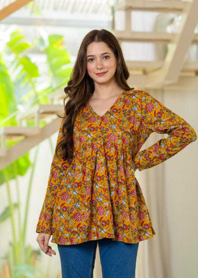 MADHAV Casual Floral Print, Printed Women Yellow Top