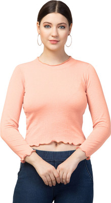 Smasum Casual Self Design Women Beige Top