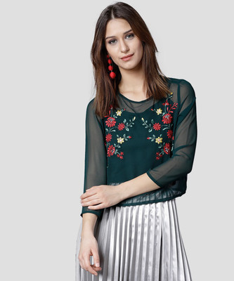 Tokyo Talkies Casual Full Sleeve Embroidered Women Dark Green Top