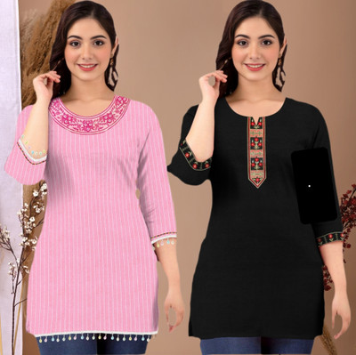 starenterprises Women Striped, Embroidered Straight Kurta(Pink, Black)