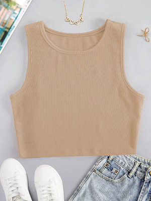 CILIMILI Casual Self Design Women Beige Top