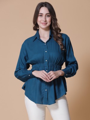 God Bless Casual Solid Women Dark Blue Top