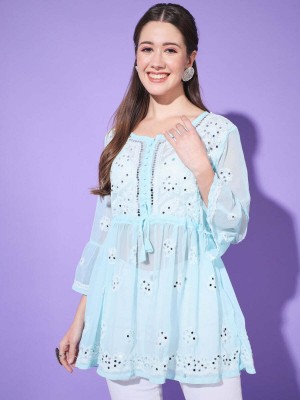 Neelam Chikan Party Embroidered Women Light Blue Top