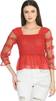 AllenQueen Casual Solid Women Red Top