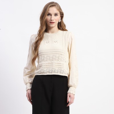 MADAME Casual Self Design Women Beige Top