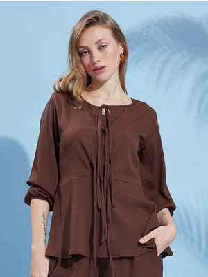 all about you Casual 3/4 Sleeve Solid Women Brown Top