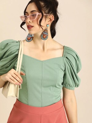 Hainah Casual Solid Women Light Green Top