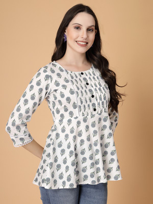 seven flower Casual Printed Women White, Black Top