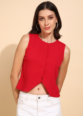 FashFun Casual 3/4 Sleeve Solid Women Red Top