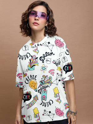 DHIMAHI ENTERPRISE Printed Women Round Neck White T-Shirt
