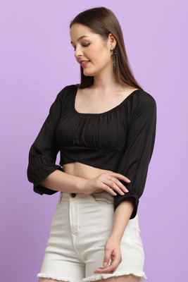 CLOTHINK India Casual Solid Women Black Top