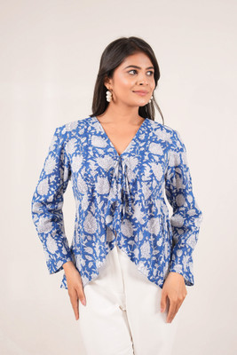 AkaayStories Casual Printed Women Blue, White Top