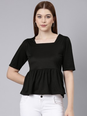 TWIN BIRDS Casual Solid Women Black Top