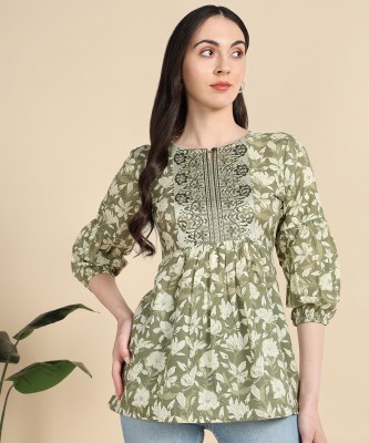 Stylistico Casual Embroidered, Printed Women Green Top