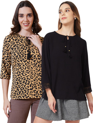 9 impression Casual Printed Women Black, Brown Top