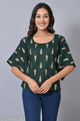 VYMO Formal Printed Women Dark Green Top