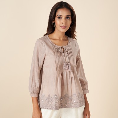 Akkriti by Pantaloons Casual Embroidered Women Brown Top