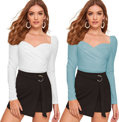 Maheshvi Casual Solid Women White, Light Blue Top