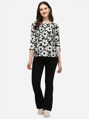 Ghunawali Casual Floral Print Women Black, White Top