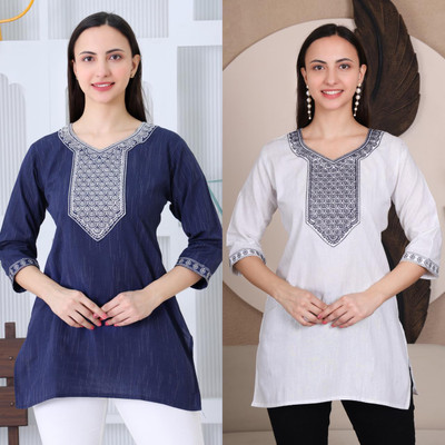 adeeb fashion Casual Embroidered Women Dark Blue Top