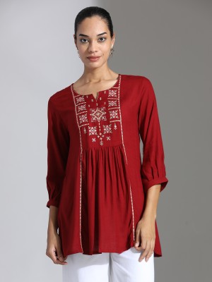 Jaipur Kurti Casual Embroidered Women Maroon Top