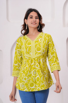 Threadflix Formal Printed Women Green Top