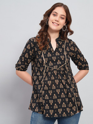 Deewa Party Floral Print Women Black Top