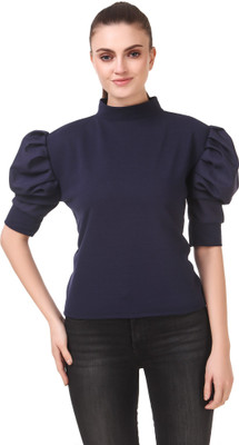 PWTI Casual Half Sleeve Solid Women Dark Blue Top
