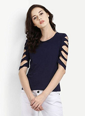 COTTONANSH Casual Half Sleeve Solid Women Blue Top