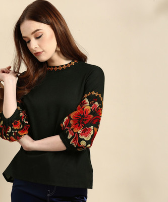 TQC Casual Embroidered Women Black Top