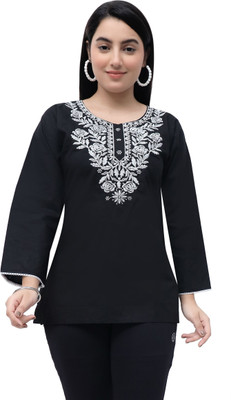 Luvtex Casual Embroidered Women Black Top