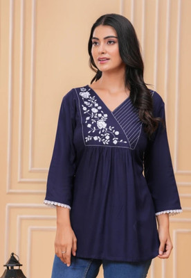 GRB FASHIONS Casual Embroidered Women Blue Top