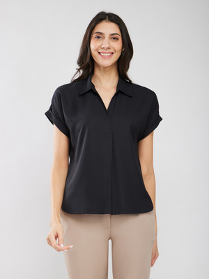 Fable Street Casual Solid Women Black Top