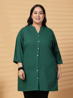 PLUSS Casual Solid Women Green Top