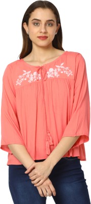 V-MART Casual Embroidered Women Orange Top