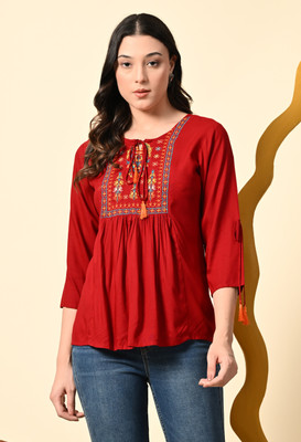 METRONAUT Casual Embroidered Women Red Top
