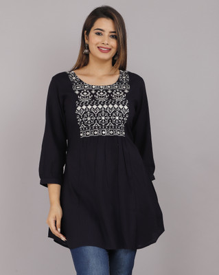 JC4U Casual Embroidered Women Dark Blue Top