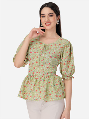Flute Fashion Casual Floral Print Women Light Green Top