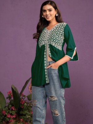 Youthnic Party Embroidered Women Green, White Top