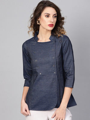 AKIKO Casual 3/4 Sleeve Solid Women Blue Top