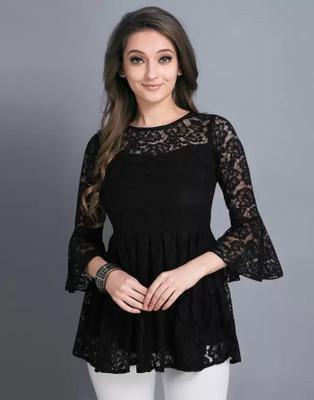 Kirtan Fabriya Party Self Design Women Black Top