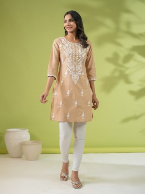 Janasya Casual Embroidered Women Beige, White Top