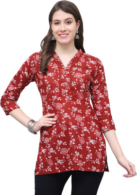 HouseOfCommon Women Floral Print Straight Kurta(Maroon)