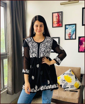 MAVEKRIZ Casual Embroidered Women Black Top