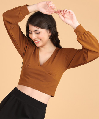 POPWINGS Casual Solid Women Brown Top